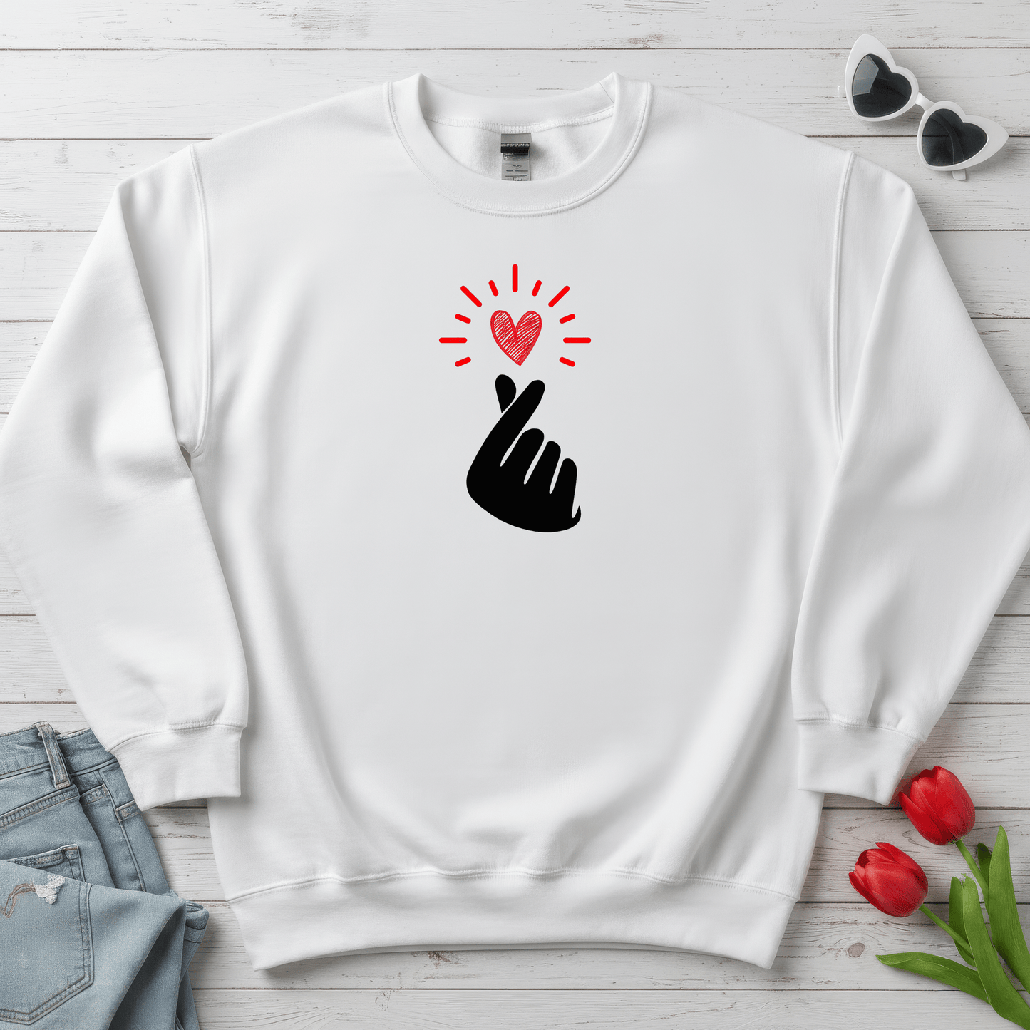 Mini Heart Gesture Shirt | Minimal Love Hand Heart Sweatshirt