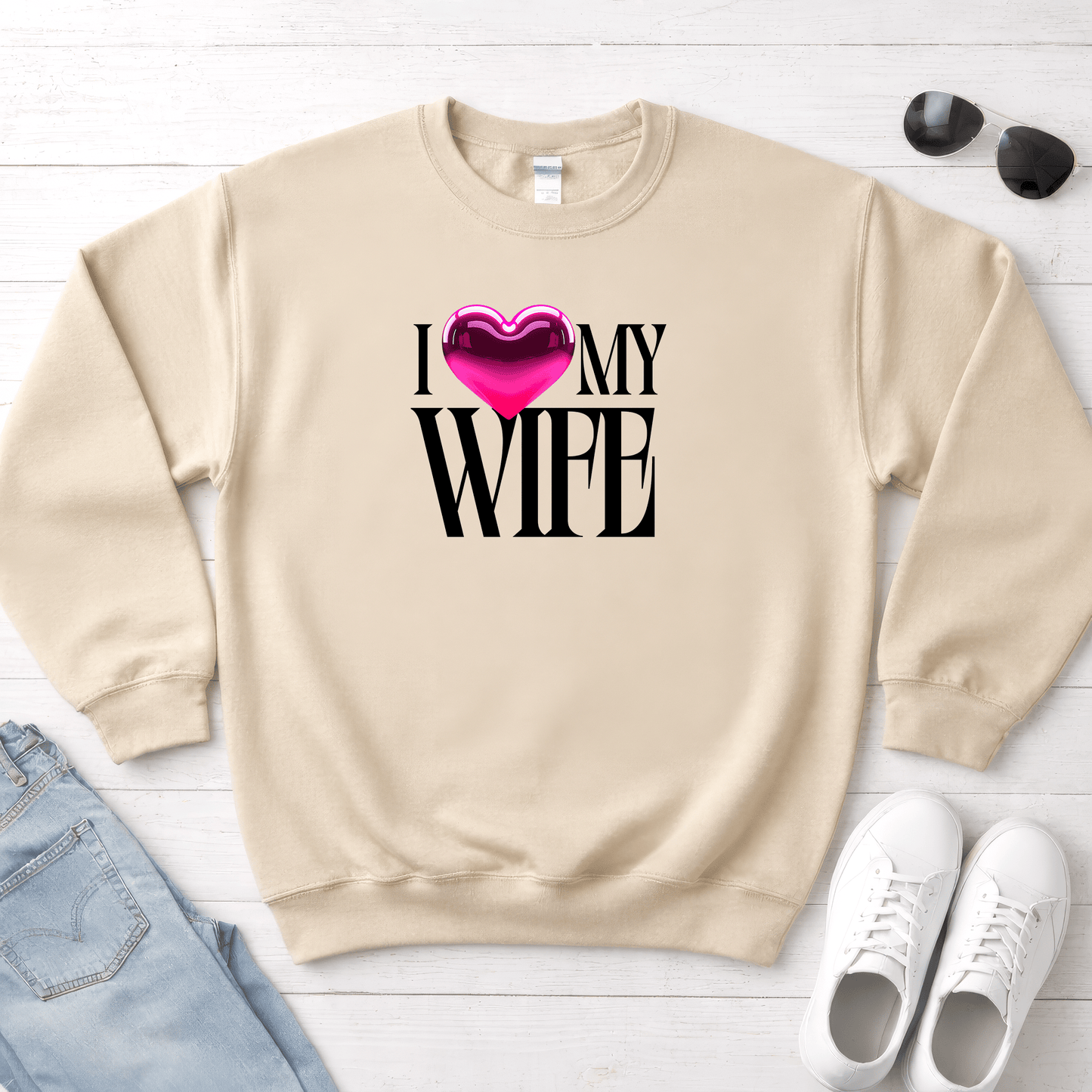 Glossy Pink Heart Wife Valentine Sweatshirt | Minimal Modern Love Design