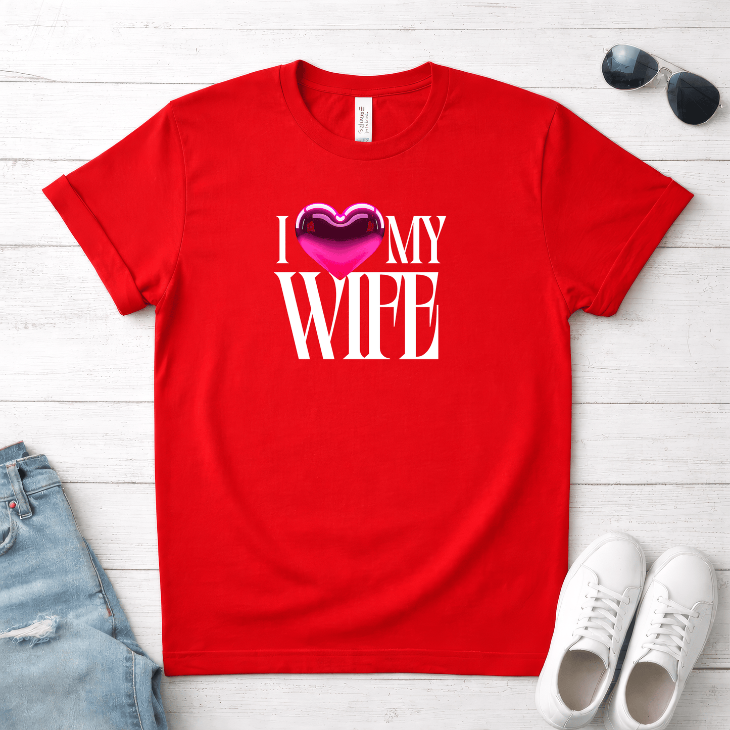 Glossy Pink Heart Wife Valentine T-Shirt | Minimal Modern Love Design